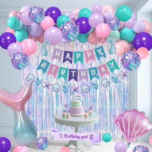 Mermaid Birthday Decorations for Girls,Fringe Curtains Happy Birthday Banner,Red balloons,Cake Toppers for women