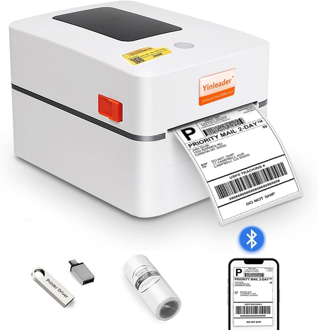 Yinleader Bluetooth Thermal Shipping Label Printer  4x6 Thermal Label Printer, Compatible with Windows, Mac OS, Chrome OS, iOS and Android, Widely Used for Ebay, Amazon, Shopify, Etsy, USPS (White)