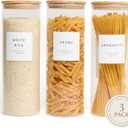 Set of 3 Glass Pantry Storage Containers with Lids- 12 Pantry Labels (70oz) Glass Canisters with bamboo lids-Perfect Rice, Cereal, Flour, Pasta, Oats, food storage -Airtight-kitchen canisters (3 pack 2200ml)