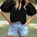 BTFBM Womens Blouses Summer Hollow Out Eyelet Embroidery Tops V Neck Buttons Puff Sleeve Boho Shirts Spring Fashion 2026 (Black, XL)