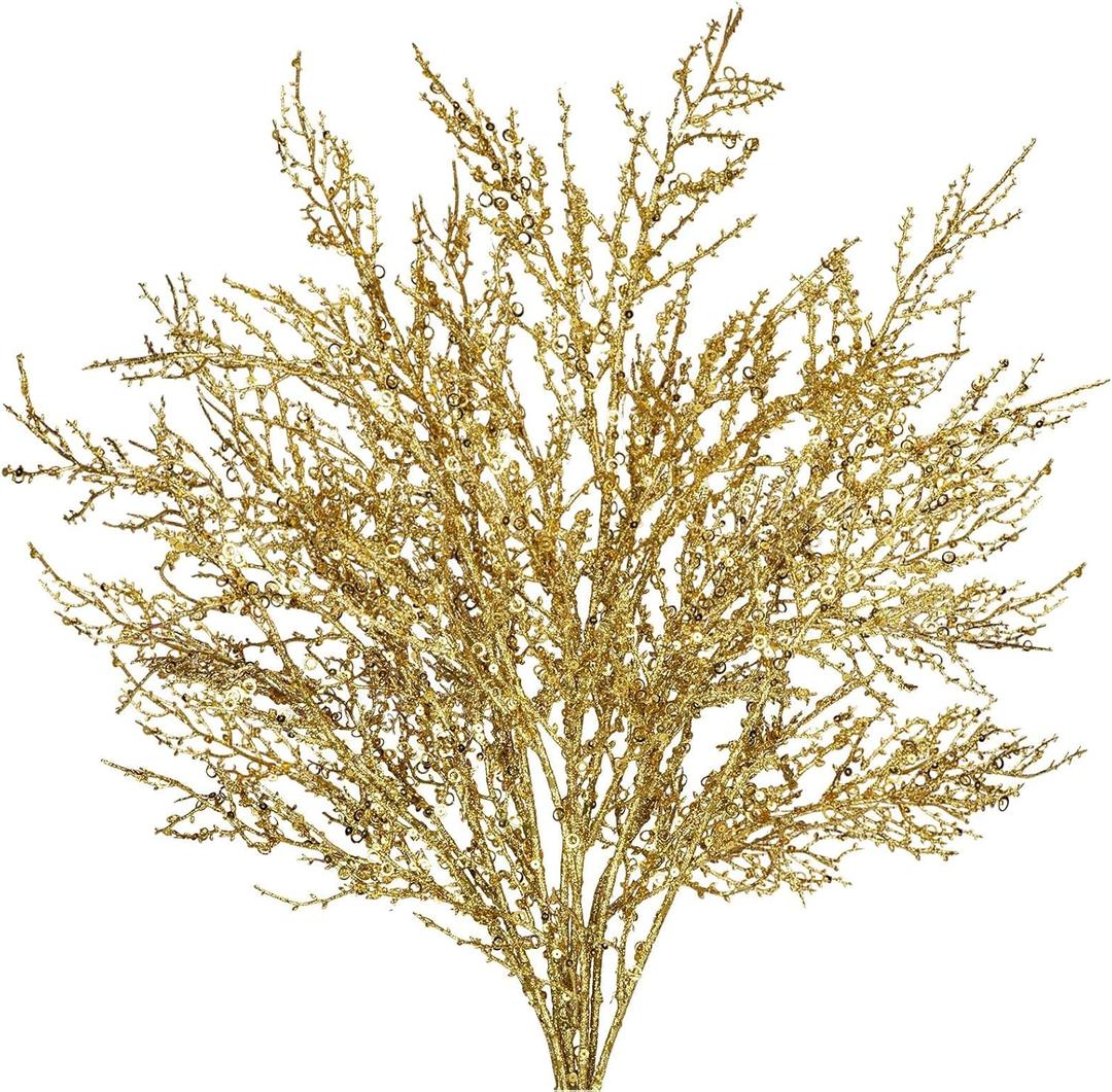 30.7" Christmas Gold Glitter Stems, 5Pcs Artificial Spray Leaf Picks Tall Branches for Christmas Tree DIY Xmas Wreath Garland Arrangement Vase Bouquets Table Centerpieces Decoration Home Decor