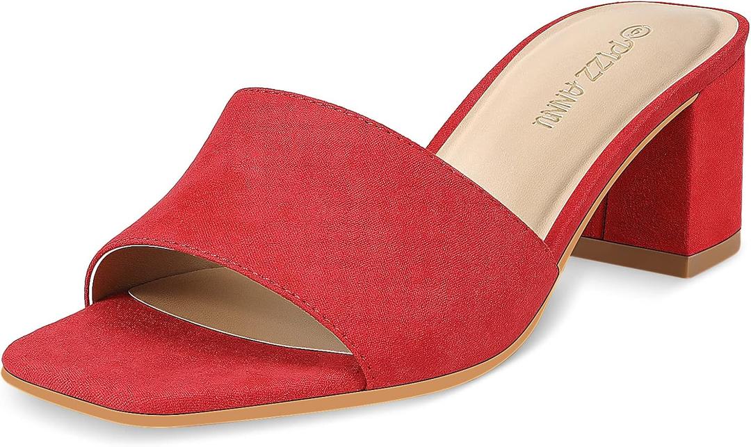 PIZZ ANNU Women's Square Open Toe Heels Sandals Low Block Chunky Heeled Sandal Slip on Mules Comfortable Casual Dress Pumps Shoes, (Red, 9.5)