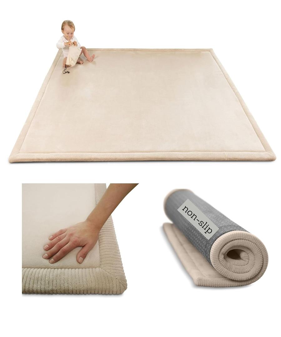 Hakuna Matte Premium Baby Play Mat 60x 80 Beige  Cloud-Soft Coral Velvet Memory Foam Rug for Crawling & Play  Non-Slip, Water-Resistant, Care Tummy Time Mat  Non-Toxic Padded Playmat
