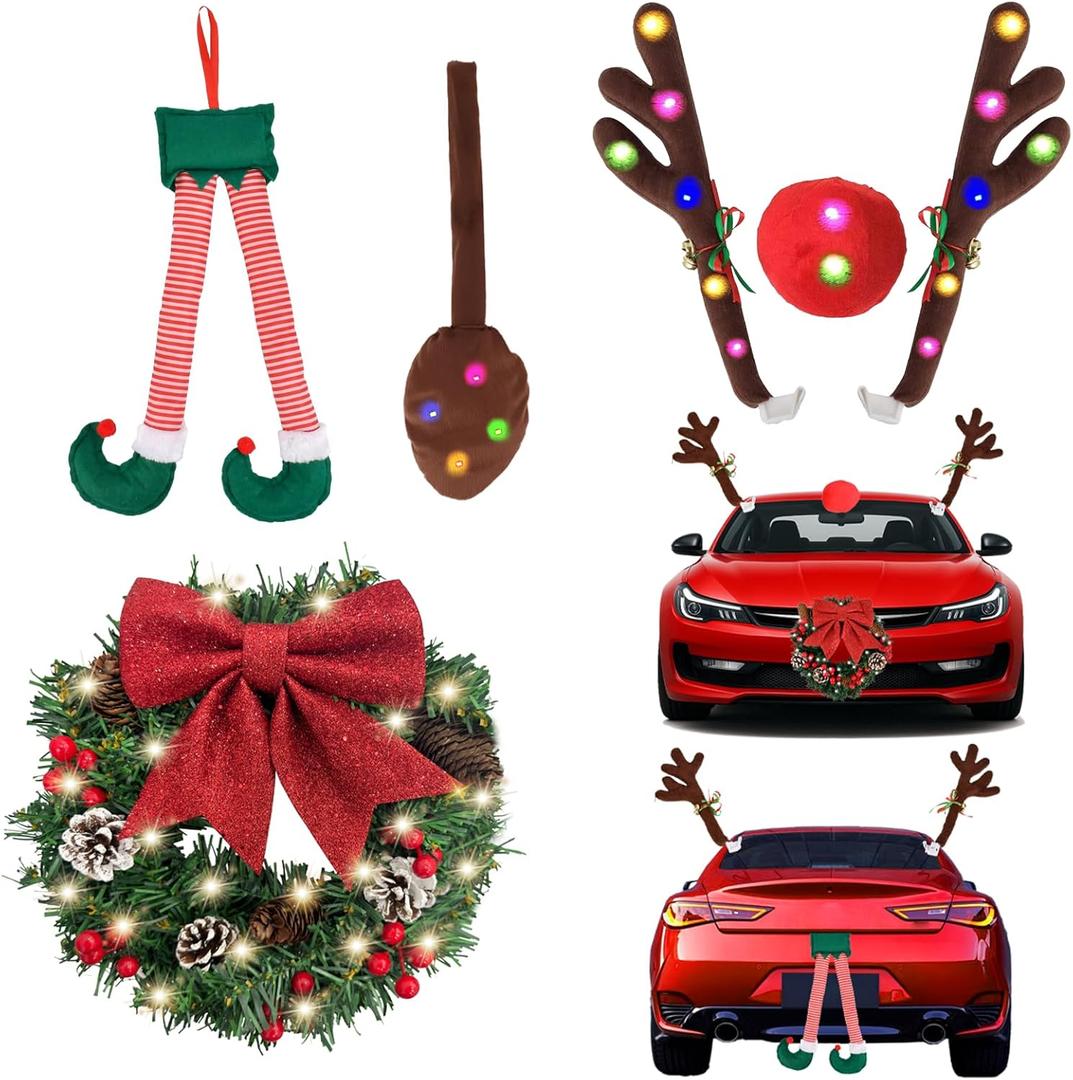 NEXAGEBIUS Christmas Car Decorations Kit with Light Up Reindeer Antlers for Cars Lighted Christmas Wreath Hanging Santa Nose Tail Leg Christmas Decors Exterior Car Accessories Universal (Color 1)
