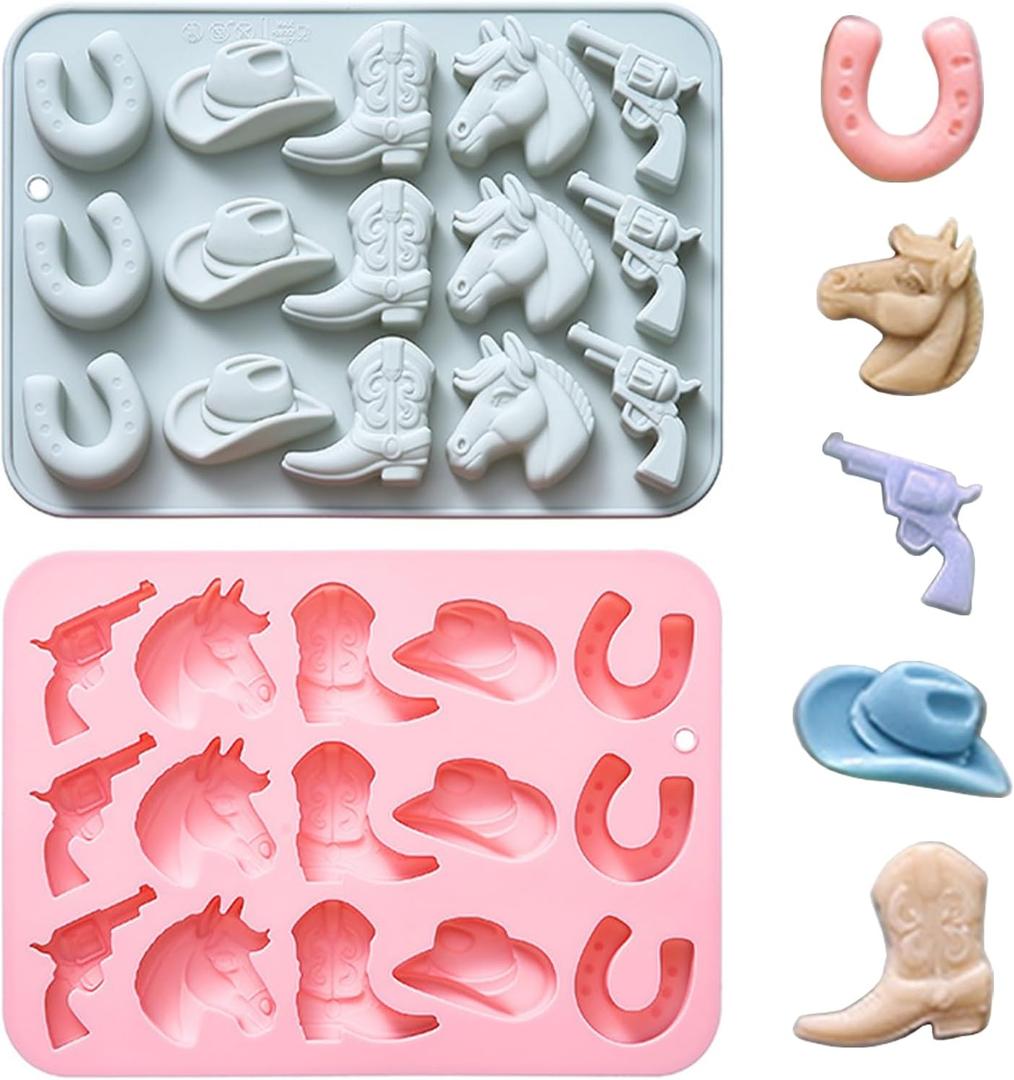 2 Pack Cowboy Silicone Molds Western Themed Chocolate Molds Cowboy Hat Boot Horse Pattern Baking Mold for Chocolate Candy Cupcake Jello Desserts