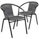 Stackable Rattan Dining Arm Chair Set, 28.5" H x 21.75" W x 23.5" D, Gray Finish, Curved Back, Black Steel Frame, Modern Indoor/Outdoor Seating for Patio, Restaurant, Café or Kitchen