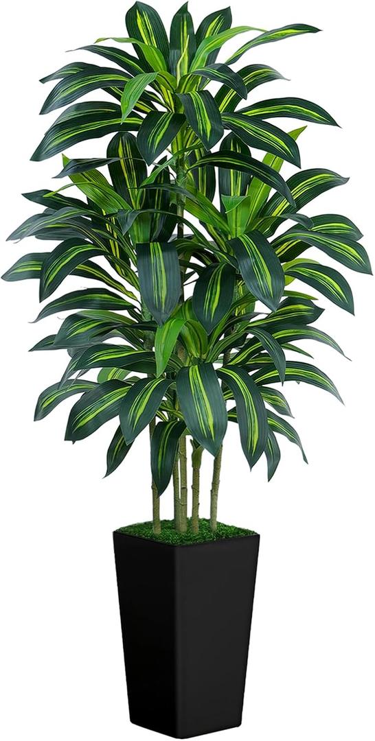 6FT Artificial Dracaena Tree - High-Density Foliage Fake Plant with Black Tall Planter - Faux Yucca Floor Plant for Home Office Decor Indoor