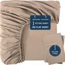 LANE LINEN 100% Organic Cotton Fitted Sheet Queen (+Pillowcases), Soft & Comfy Breathable Naturally Cooling Low Pill Oeko Tex Certified Queen Deep Pocket 15" - Taupe