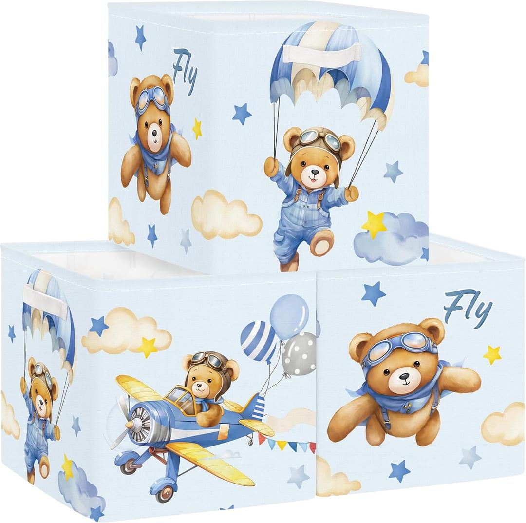 Clastyle 3 pcs Dreamy Animal Cube Storage Unit Boxes Foldable Kallax Box for Shelves Parents Storage Baskets for Book Clothes Toy Organizer, Bear, 11.8x11.8x11.8 in