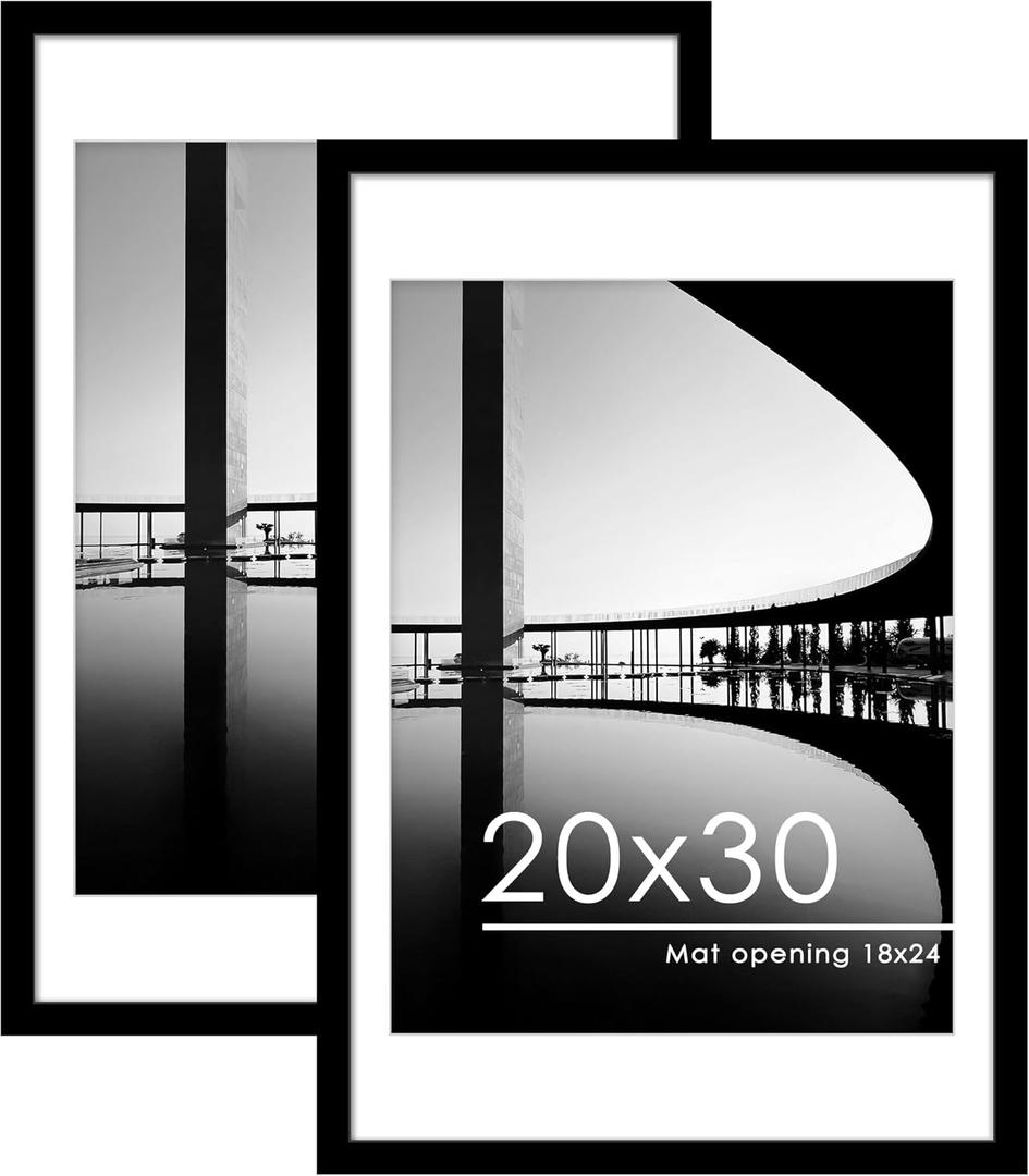 PEALSN 20x30 Picture Frame Set of 2, Display Pictures 18 x 24 with Mat or 20 x 30 Without Mat for Wall Mounting Display, Poster Frames, Black