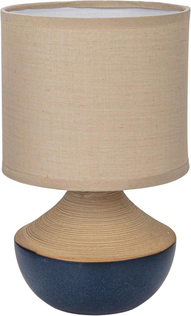 Creative Co-Op Stoneware Portable Table Lamp with Linen Shade, Black and Natural