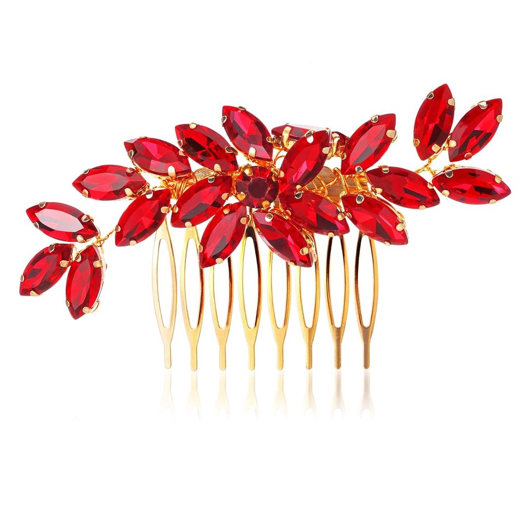 Ymapinc Crystal Comb for Thick Hair Women - Red Rhinestone Hair Piece Accessory for Wedding Party Graduation, Small Decorative Headpiece Accessories Christmas Gift for Mom