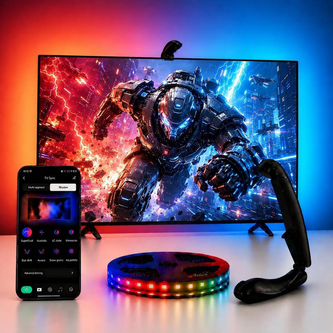 TV Backlight Sync to Screen with Sensor, 18ft RGB LED Light Strip for 75-85 Monitor, Smart App Control, Game & Music Sync Color Lighting