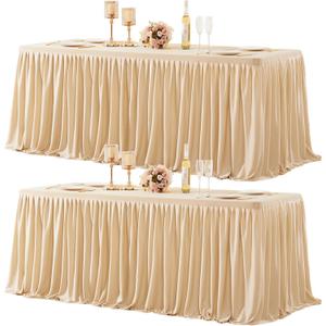 2 Packs Dark Champagne Tableclothes for 6 Foot Rectangle Tables, Wrinkle Free Fitted Table Cloth 6ft Stretch Table Cover with Skirt for Parties Weddings Birthday Banquet Baby Shower