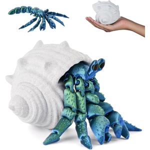 GemmiCho 3D Printed Animals, 3D Printed Toy, 7.8" Articulated Hermit Crab with Combinable Shell, Desktop Decor & Stress Relief Toy, Collectible Gift for Animal Enthusiasts (Green)