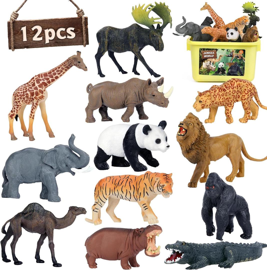 Safari Animal Toys Figures, 12 PCS Realistic Jumbo Wild Jungle Animals Figurines, Large African Zoo Animal Playset with Lion, Elephant, Giraffe, Plastic Animal Learning Toys for Kids Toddlers Boys