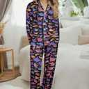 Womens Satin Pajama Set Classic Pattern Silky Pj Sets Button Down Sleepwear Loungewea , Size L 
