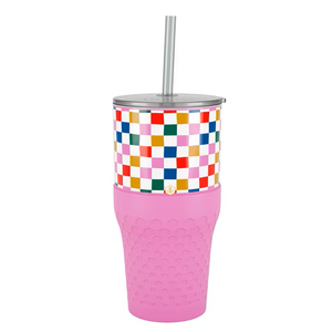 Biddlebee 30oz Insulated Stainless Steel Tumbler with Straw and Silicone Boot, Happy Check
