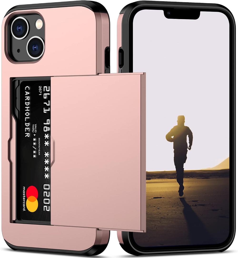 Nvollnoe for iPhone 13 Case with Card Holder Heavy Duty Protective Dual Layer Shockproof Hidden Card Slot Slim Wallet Case for iPhone 13 for Women&Men(Rose Gold)