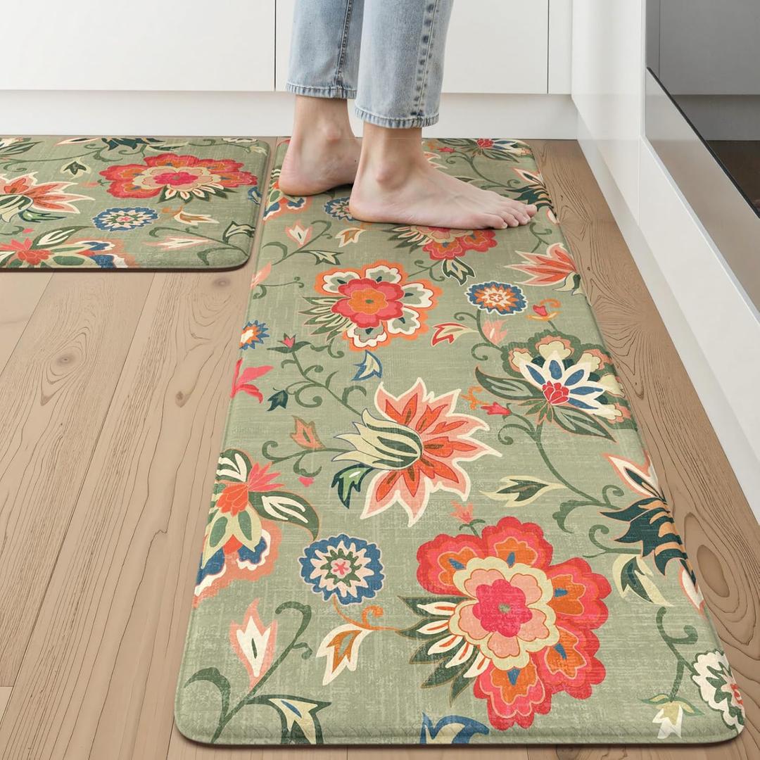 LEEVAN Anti Fatigue Mats for Kitchen Floor 2 Piece,Cushioned Memory Foam Green Kitchen Mats for Floor,Comfort Floral Boho Non Slip Kitchen Floor Mat for Sink,Laundry,Office(17''x29''+17''x47'')