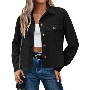 Zeagoo Womens Fashion Cropped Corduroy Shackets Button Down Jackets Tops Fall Trendy Lightweight Long Sleeve Shirts, XS