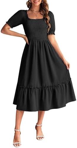 GRACE KARIN Women's Casual Summer Dresses Puff Short Sleve Square Neck Smocked Midi Dress A Line Flowy Dresses with Pockets M