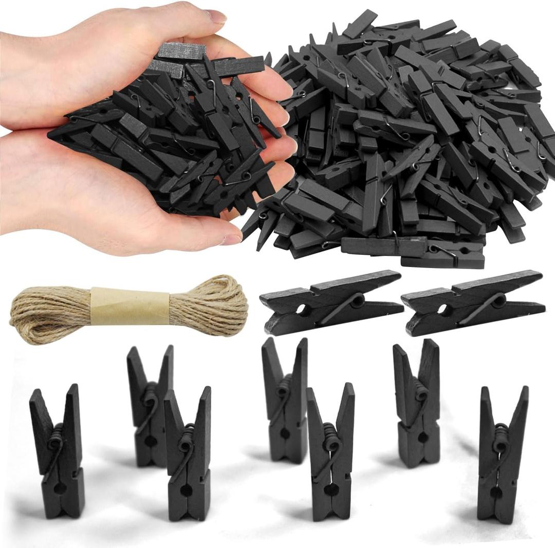 1.35 Inch Mini Clothes Pins for Photo100 Pcs with 32 Feet Jute Twine, Mini Clothes Pins for Crafts, Wooden Small Clothespins for Pictures, Tiny Decorative Clothespins for Baby Shower - Black