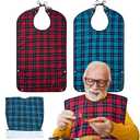 XKDOUS 2pcs Adult Bibs For Men Washable, Reusable Waterproof Large Bibs For Adult, Clothing Protector With Crumb Catcher,Bibs For Eating, Feeding Adult Bibs For Women Elderly Men Senior Citizens Gifts (Red & Blue)