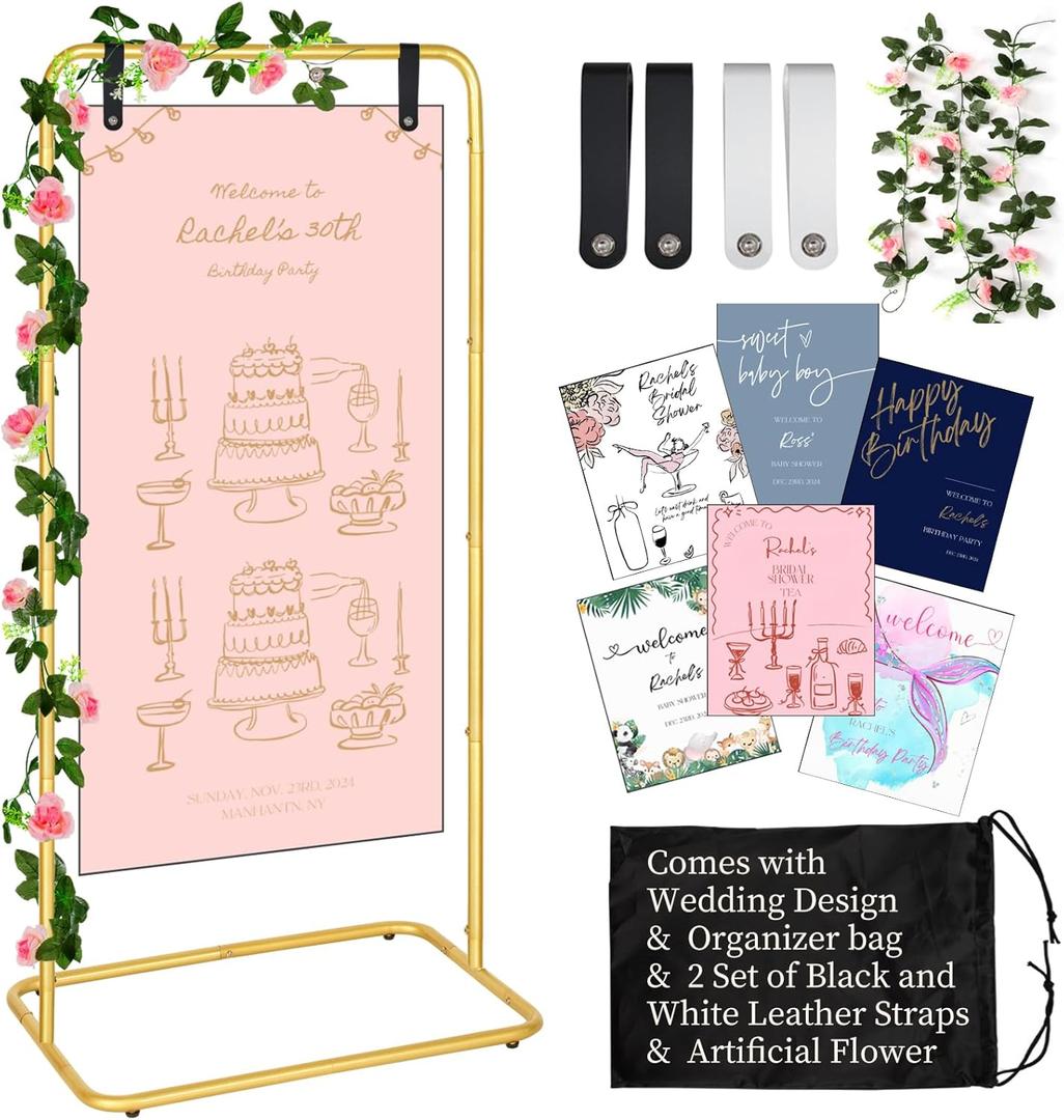 Welcome Sign for Wedding, Adjustable Gold Sign Stand, Indoor/Outdoor Easel Display Poster Stand