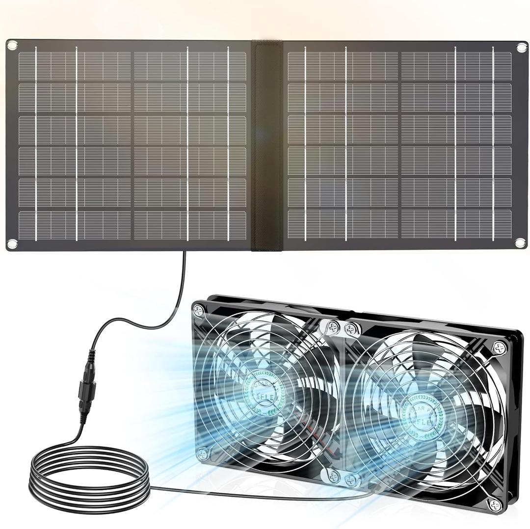 Solar Powered Fan, Solar Fan for Outside Greenhouse Shed Chicken Coop with Dual Brushless Fan, Black