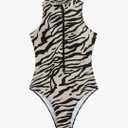 Floerns Women's Zebra Print Sleeveless One Piece Rash Guard High Neck Zipper Surfing Swimsuit S