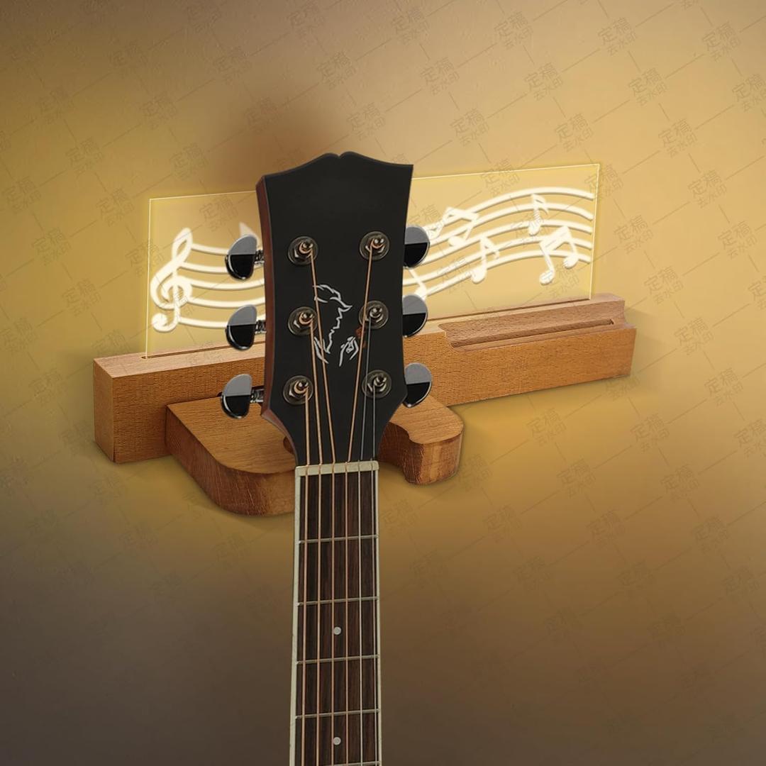 Gugxiom Light up Wooden Guitar Stand,Note Pattern Designs,Guitar Wall Mount in USB Powered,Guitar Wall Hanger for Electric Bass Acoustic and Ukulele Violin