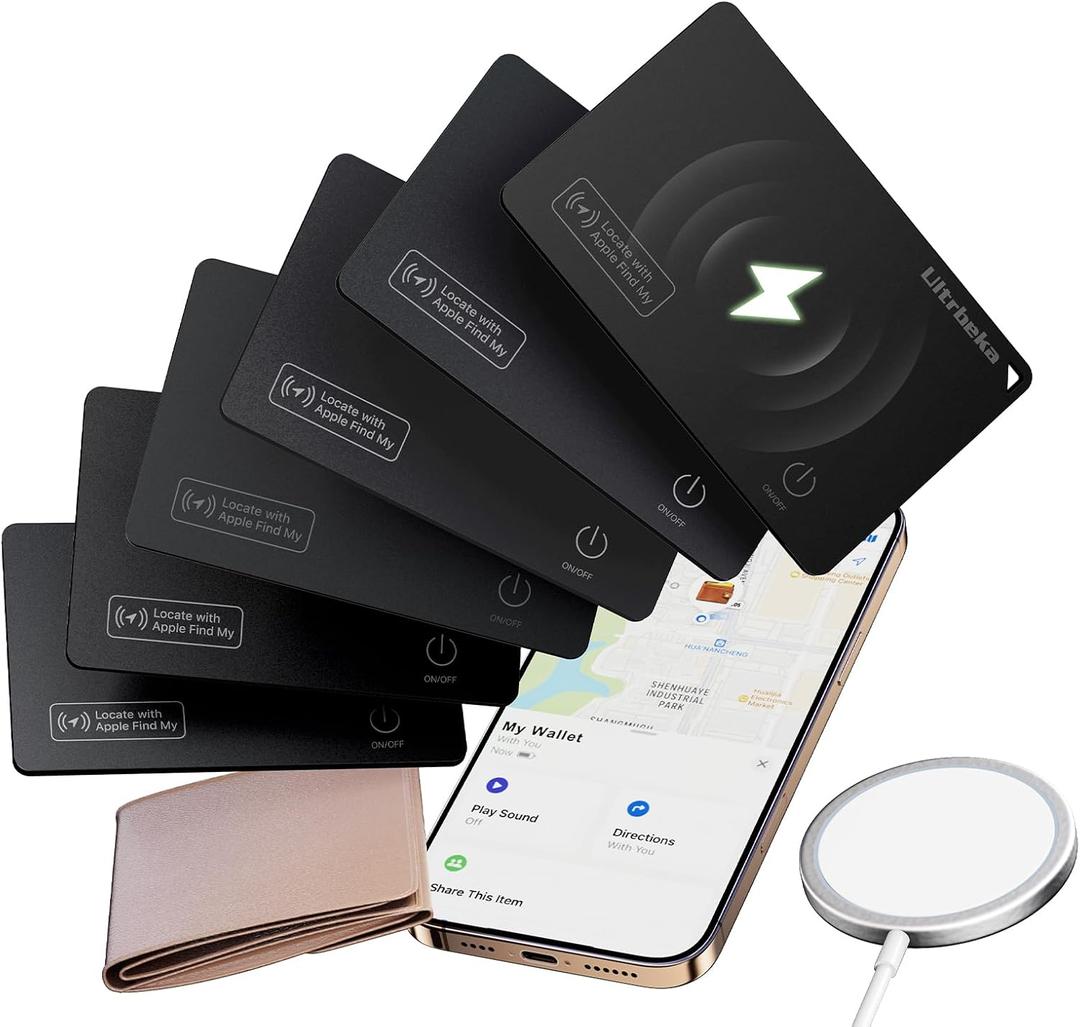 Ultrbeka Rechargeable Wallet Tracker Card IP68 Waterproof Bluetooth Tracker for Wallets, Passport, Work with Apple Find My, iOS Only [Apple MFi Certified]- 6pcs / 1* Wireless Charger