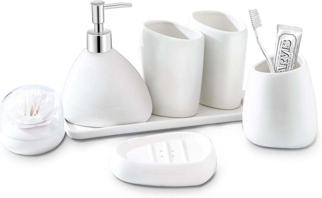 Ceramic Bathroom Accessory Set, 7 Pieces Countertop Accessories, Include Soap Dispenser, Toothbrush Holder, 2 Tumbler Cup, Soap Dish, Plastic Vanity Tray, Qtip Holder (White)