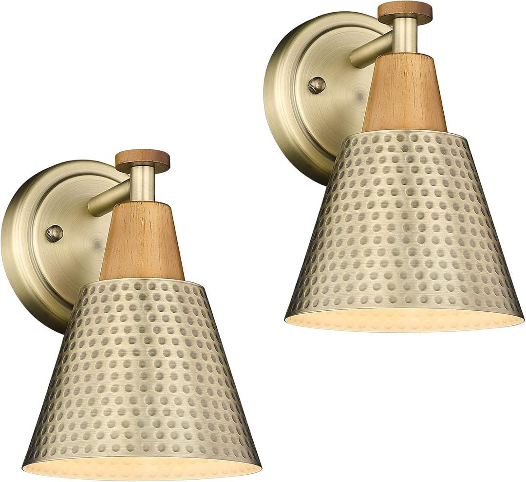 FEMILA Bathroom Light Fixtures 2 Pack, Antique Brass Vanity Light with Hammered Metal Shade, 2-Lights Bath Wall Mounted Lights Wall Lamp for Mirror Kitchen Bedroom, 4FG59B-2 BG