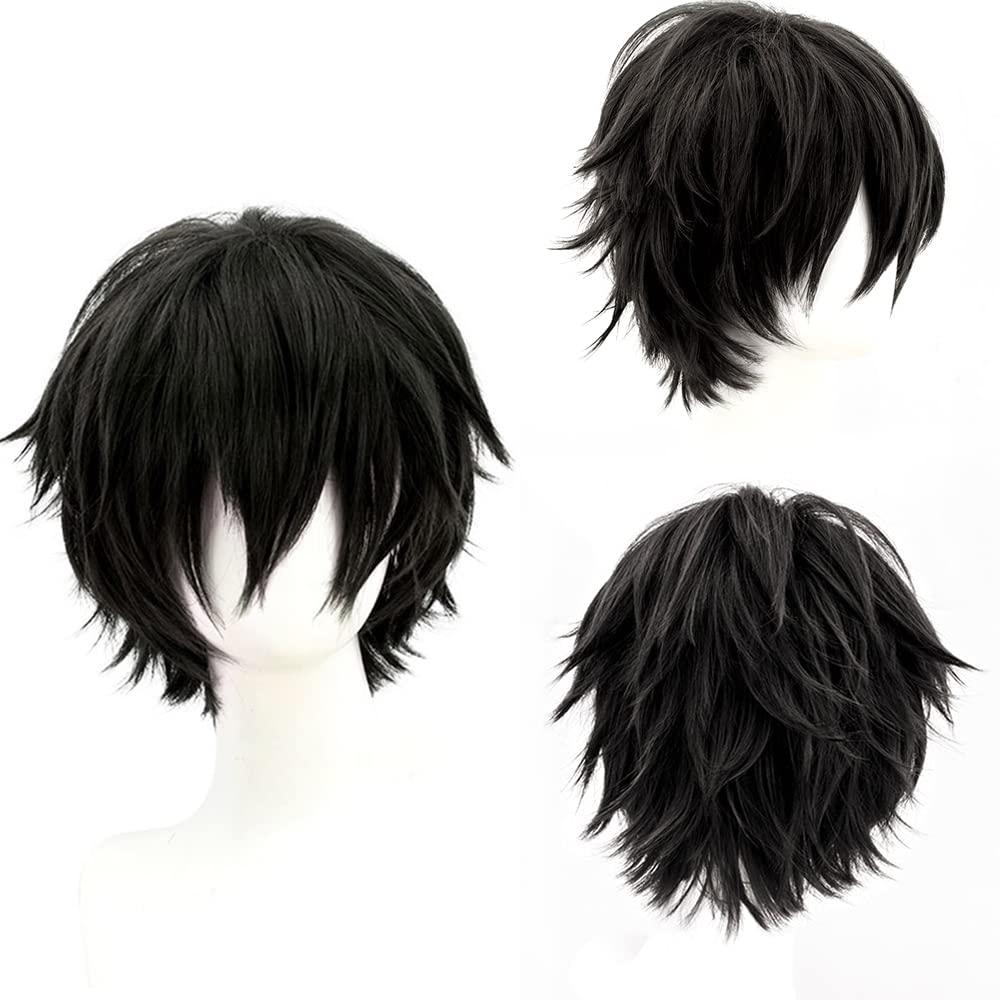 Men's Anime Short Black Cosplay Wig,Unisex Short Layered Synthetic Accessory Hair Wig+Hair Cap for Cosplay Halloween Costume