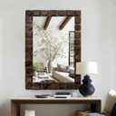 36x24 Inch Handcrafted Solid Wood Square Wall Mirror with Geometric Wood Inlay Design, Rustic Natural Texture for Bathroom, Bedroom, Living Room Decor (Dark Drown)