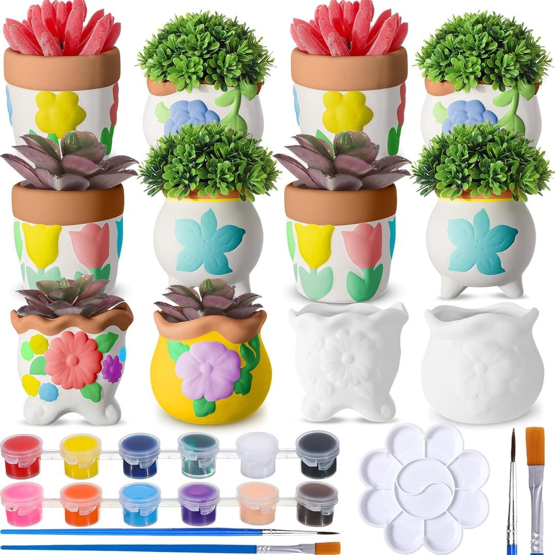 Hushee 12 Pcs Ceramic Succulent Planters White Ceramic Pots Paintable Succulent Plant Planters Containers Small DIY Figurines Unpainted Pots with Drainage Hole Paintbrushes Palettes(Flower)