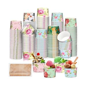 120 Pack 8 oz Floral Ice Cream Cups with Spoons Paper Disposable Sundae Dessert Bowls Tea Party Treat Snack Cups for Hot or Cold Food Soup Yogurt Cupcake Wedding Bridal Shower Summer Grad Party