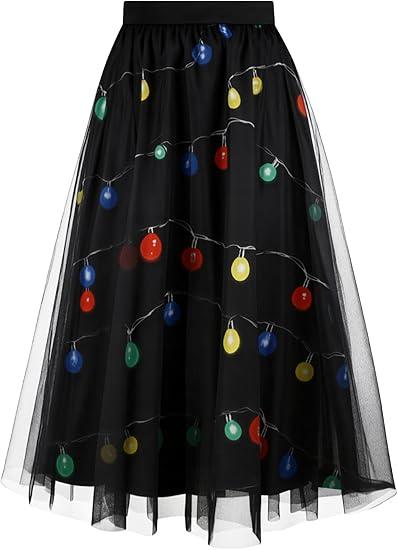 DANAZANA Double Layer Tulle Midi Skirt Women's Mesh Elastic Waist Tulle Maxi Skirts Colorful Light Bulbs, XXL