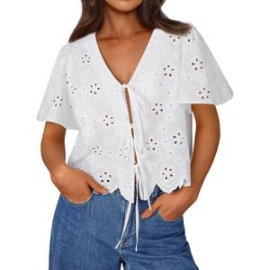 Trendy Queen Womens Tie Front Tops Summer Beach Vacation 2025 Fashion Outfits Loose Fit Blouses Eyelet Embroidered Clothes (Small, White)