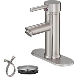 Brushed Nickel Bathroom Faucet, 1 Hole Bathroom Sink Faucet, Single Handle Aerator Spout Saving Water Lavatory Vanity Sink Faucet with Pop Up Drain and Overflow Mixer Tap Supply Line