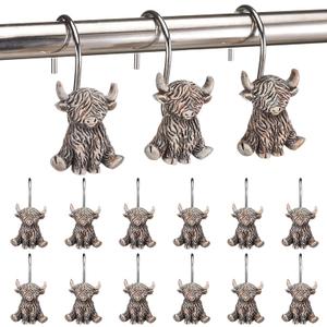 Roowest 12 Pcs Highland Cow Shower Curtain Hooks Western Shower Curtain Hooks Stainless Steel Rust Resistant Rings Hangers for Winter Farmhouse Rustic Bathroom Decor