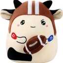 Cowdy Blitz Football Stuffed Animal, 8 Inch Plush Cow Toy in Helmet Holding Rugby, Cute Sport Plushie Pillow, Gifts for Kids Boys Girls, Room Party Sports Game Day Decor Birthday
