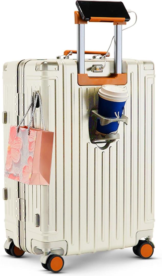 22 inch carry on luggage suitcase locks tsa approved Hardside Lightweight Suitcase with Cup Holder TSA Lock Carry On Luggage with USB Port Phone Holder suitcases with 360 8 Double Spinner Wheels