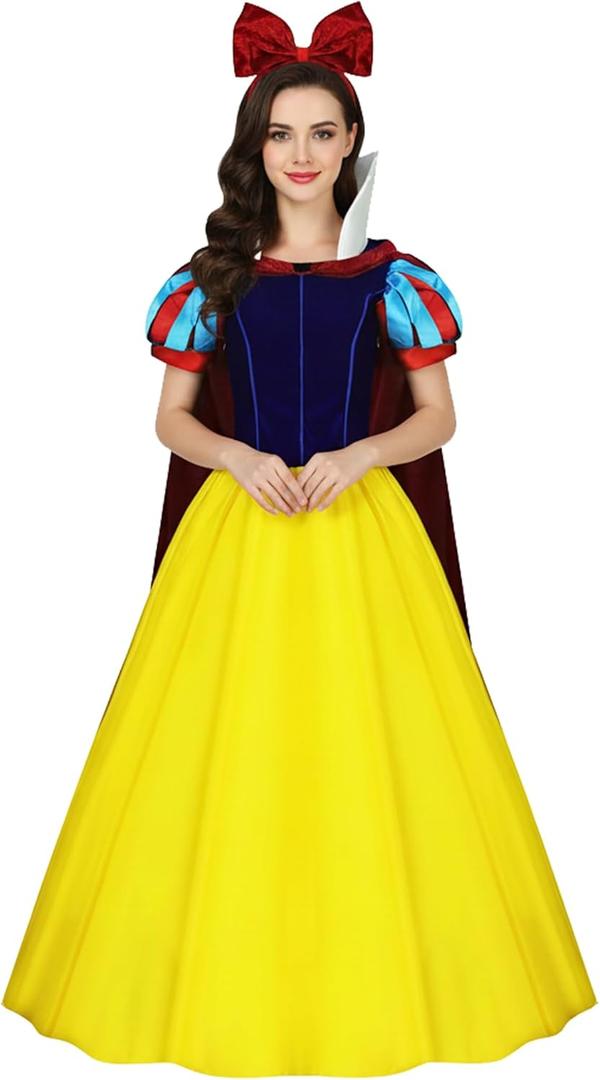 Snow Princess White Costume Women Puff Sleeves Fairytale Dress with Cape Halloween Role Cosplay Outfits for Adult (Medium, Classic Style)