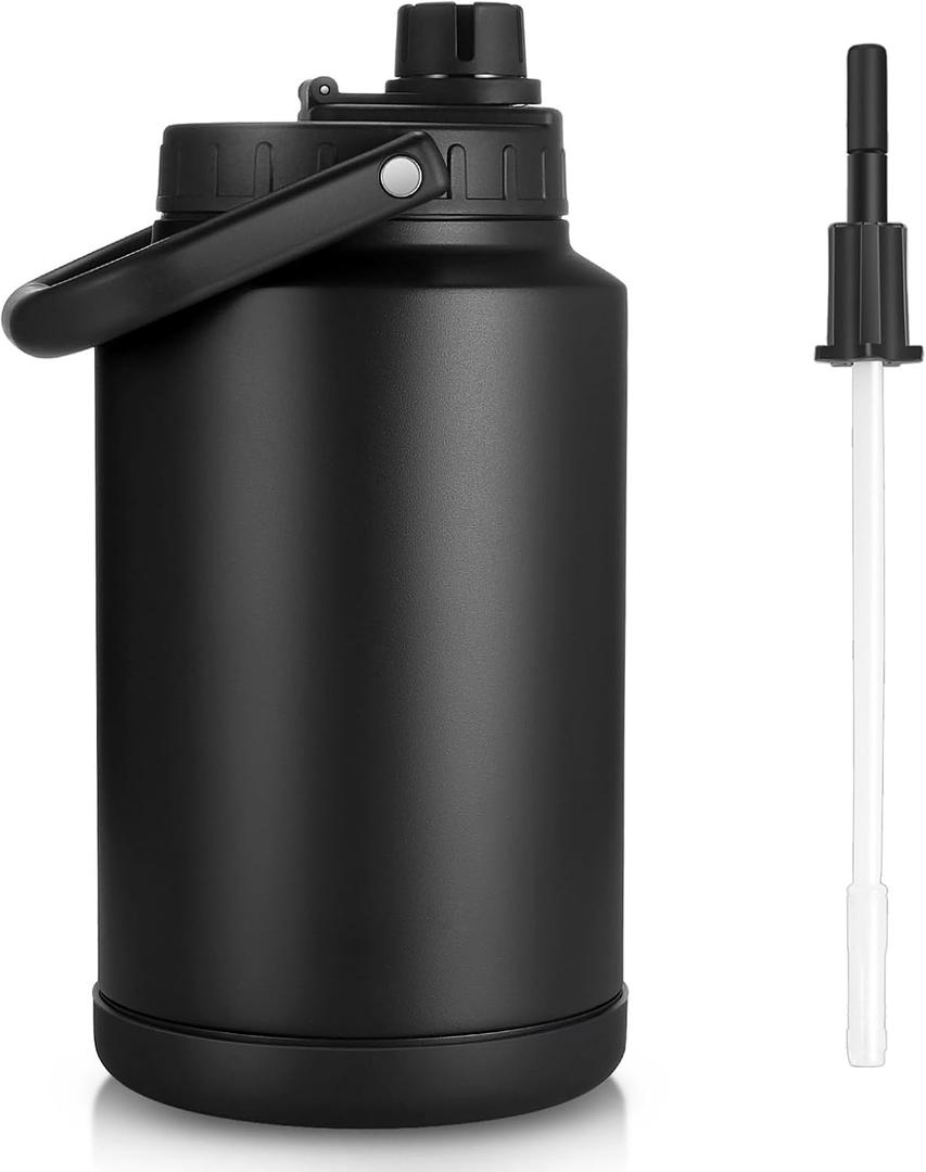 Sursip 1 Gallon Insulated Water Jug wtih Straw, Stainless Steel Large Sports one Gallon Water Bottle for Travel, Hiking, Camping 128 oz(Black)