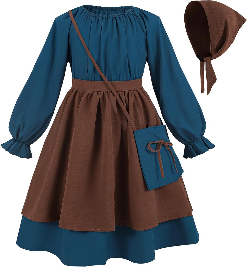 FCCAM Colonial Dress Girls Round Neck Pioneer Costumes with Purse Blue Little House On The Prairie Dress (Medium, Navy)