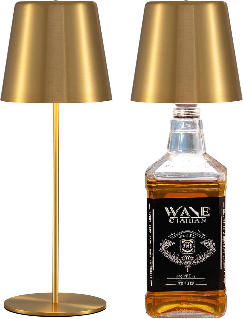 2 Pack Bottle Lamp for Rechargeable Cordless Table Lamps, LED 3 Color Dimmable Battery Powered Bottle Lighting, Portable Touch Lighting Table Decor for Bar, Party, Gifts (Gold)