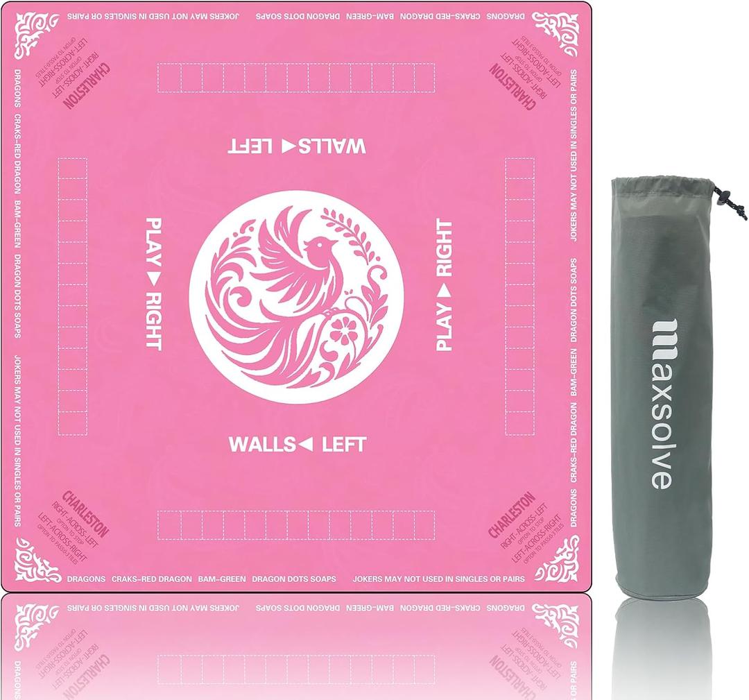 Mahjong Mat, 31.5" x 31.5" Neoprene Mahjong Table Mat with Rules, Anti Slip & Noise Reduction Gaming Mat for Poker, Card, Dominoes, Board & Tile Games, Mahjong Gift with Carrying Bag - Pink